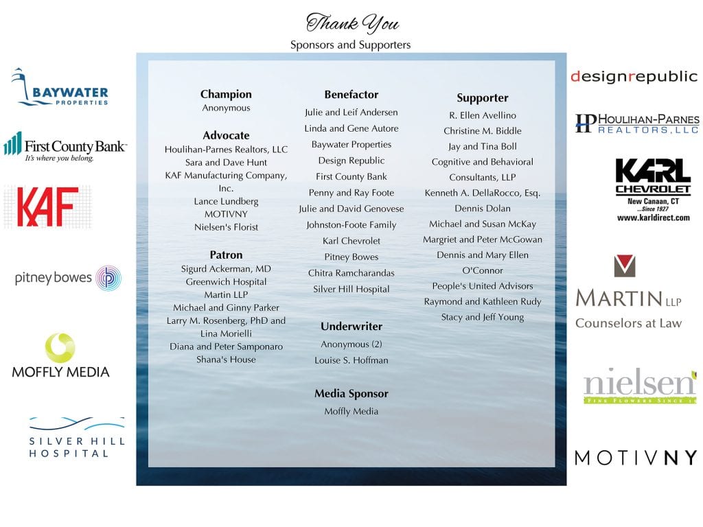 Thank you to our sponsors and supporters. Baywater Properties, First Country Bank - it's where you belong, KAF pitney bowes, Moffly Media, Silver Hill Hospital, design republic, Houlihan-Parnes Realtors LLC., Karl Chevrolet, Martin LLP Counselors at Law, nielsen, Motivny